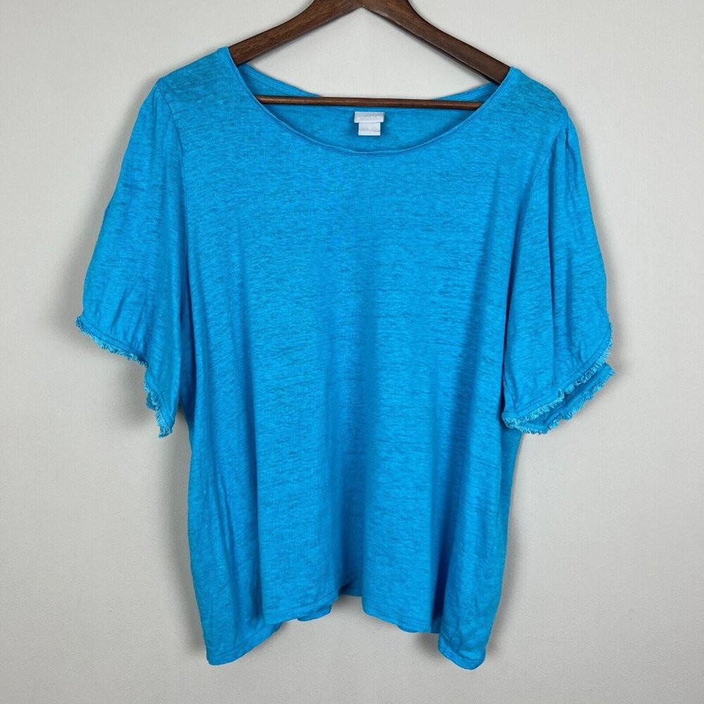 Chicos 3 Top Womens XL Blue Linen Flutter Short Sleeve Fringe Solid Pullover